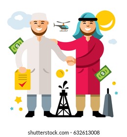 Vector Deal, Partnership, Agreement. Middle East Oil Business. Flat style colorful Cartoon illustration.