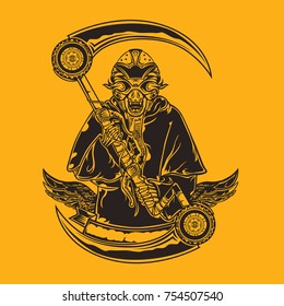 Vector Death Rider Biker isolated with orange background, silhouette