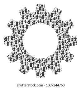 Vector death scytheman icons are organized into gearwheel collage. Technical design concept constructed from death scytheman elements.