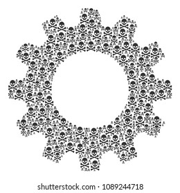Vector death skull icons are grouped into cogwheel illustration. Service design concept constructed with death skull pictograms.