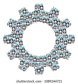 Vector death skull tag icons are formed into cog figure. Machinery design concept constructed from death skull tag components.