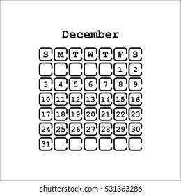 Vector December 2017 month calendar, black color. Week Starts on Sunday