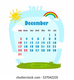 Vector December Calendar Icon with sky, rainbow, clouds and sun background.
