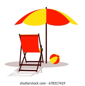 vector deck chair and beach ball under beach umbrella isolated on white background