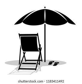 vector deck chair and flip flops under beach umbrella isolated on white background