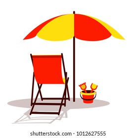 vector deck chair and sand bucket under beach umbrella isolated on white background