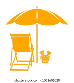 vector deck chair and sand bucket under beach umbrella isolated on white background