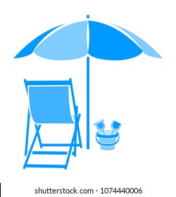 vector deck chair and sand bucket under beach umbrella isolated on white background