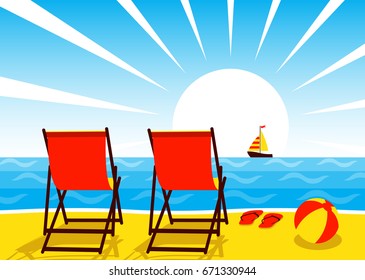 vector deck chairs, beach ball and flip flops on the beach and sailboat floating on the sea