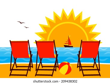 vector deck chairs on the beach and sunset over the sea
