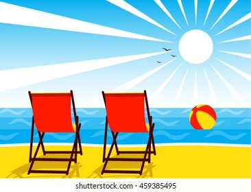 vector deck chairs on the beach and beach ball floating on the sea
