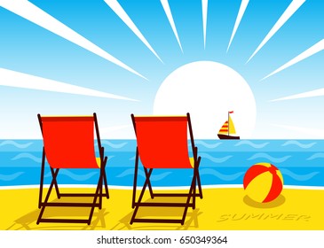 vector deck chairs on the beach and sailboat floating on the sea