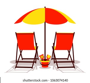 vector deck chairs and sand bucket under beach umbrella isolated on white background