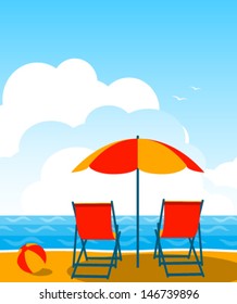 vector deck chairs under umbrella on the beach