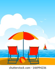 vector deck chairs under umbrella on the beach