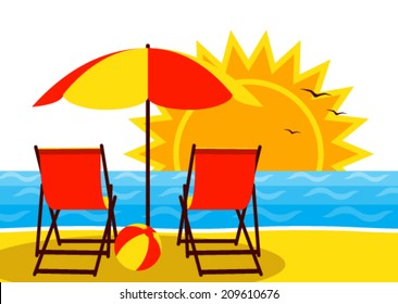 vector deck chairs under umbrella on the beach and sunset over the sea