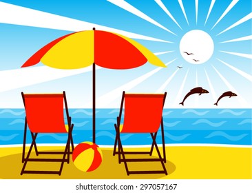 vector deck chairs under umbrella on the beach