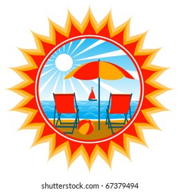 vector deck chairs under umbrella on the beach