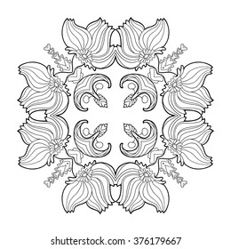 Vector Deco Black and white linear original square form Mandala illustration. Hand drawing Patterned Design. A lot of elements for coloring and relax/Ethnic Amulet. Trending meditation flower ornament