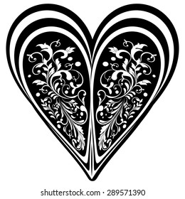 Vector Deco Floral Heart on Gray Background. Design element. Black and White