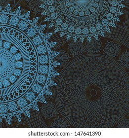 Vector decor blue lace on brown  background. Old circle lace