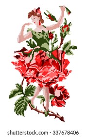 Vector decor. Girl as flower rose dancing in a branch using traditional Ukrainian embroidery elements. Handmade. Can be used as pixel-art. Emblem. Logo. Symbol... 