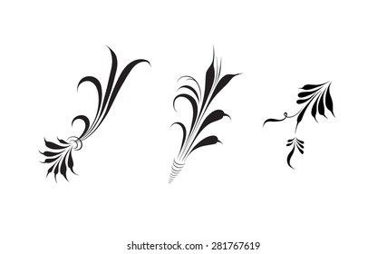 Vector decor. Russian traditional ornament. Set black elegance branch, lines on white background. Folk national motif. Hand drawing silhouette
