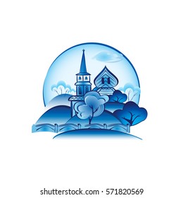 Vector decor in Russian traditional style. Village. Icon
