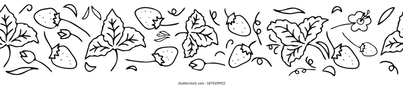 Vector decor seamless pattern outline. Black set of strawberries with flowers and leaves bordure isolated on a white background