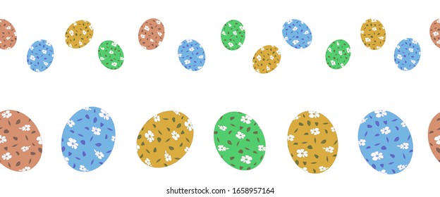 A vector decor seamless pattern set of colorful with flowers Easter eggs bordure isolated on a white background
