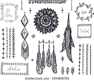 Vector  decor set, collection of hand drawn doodle boho style dividers, borders, arrows, design elements, dream catchers. Isolated. May be used for wedding invitations, birthday cards, banners