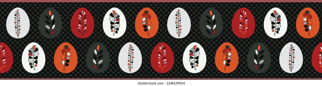 Vector Decorated Boho Easter Eggs Seamless Border. Bohemian Holidays Illustration with Folk Flowers. Hand Drawn Ethnic Animal for Spring Stationery, Textile,  Fabric, Christian Celebration Packaging