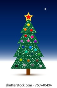 Vector decorated Christmas tree with balls and snow in the clear night with north star