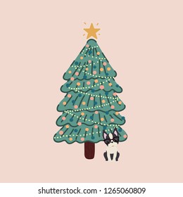 Vector of a decorated Christmas tree and with a Boston Terrier breed dog next to it.