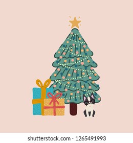 Vector of a decorated Christmas tree and with a Boston Terrier breed dog next to it with gifts.