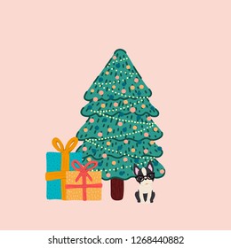 Vector of a decorated Christmas tree and with a Boston Terrier breed dog next to it with gifts.