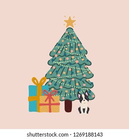 Vector of a decorated Christmas tree and with a Boston Terrier breed dog next to it with gifts.