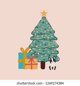Vector of a decorated Christmas tree and with a Boston Terrier breed dog next to it with gifts.