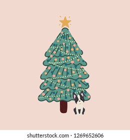 Vector of a decorated Christmas tree and with a Boston Terrier breed dog next to it.