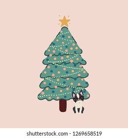 Vector of a decorated Christmas tree and with a Boston Terrier breed dog next to it.