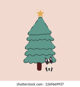 Vector of a decorated Christmas tree and with a Boston Terrier breed dog next to it.