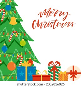 Vector decorated Christmas tree with gift boxes isolated on white background. Holiday flat style banner with place for text