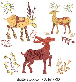 Vector decorated deers with nature elements. Hand drawn illustration. Scandinavian, Indian style. Ornament elements

