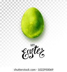Vector decorated with doodles green realistic egg isolated on transparent background. Handwritten inscription Happy Easter. For web and print banners, posters, invitations, cards