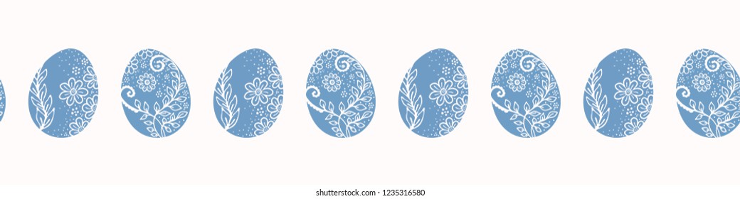 Vector Decorated Easter Egg Border. Horizontal Flower Egg in Folk Art Style on White Background. Hand Drawn Ethnic Holiday Elements for Spring Stationery, Scrapbook, Christian Celebration Packaging. 