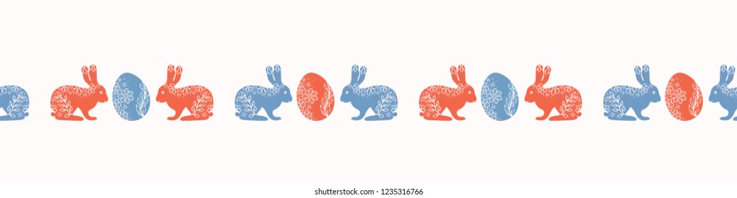 Vector Decorated Easter Egg Bunnies Border. Horizontal Flower Egg in Folk Art Style. Drawn Ethnic Holiday Elements for Spring Stationery, Scrapbook, Christian Celebration Packaging. White Background