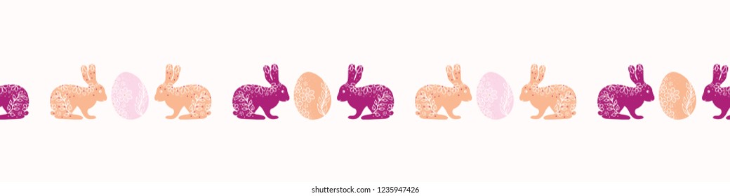 Vector Decorated Easter Egg Bunnies Border. Horizontal Flower Egg in Folk Art Style. Drawn Ethnic Holiday Elements for Spring Stationery, Scrapbook, Christian Celebration Packaging. Pink Background