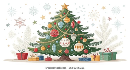 Vetor decorado com enfeites de vidro Árvore de Natal Ilustração vetorial em estilo plano com um fundo branco.