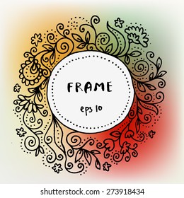 Vector decorated hand drawn circle ornate vintage frame with dots on colorful blurred background. Ornamental design elements collection