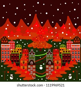 Vector. Decorated house decorated at christmas of christmas brown, red, gray and orange colors in magical forest and hills. Unusual christmas illustration postcard.